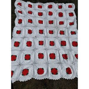 Handmade Large Throw AFGHAN CROCHET ROSE TILE DESIGN Vintage Great Condition